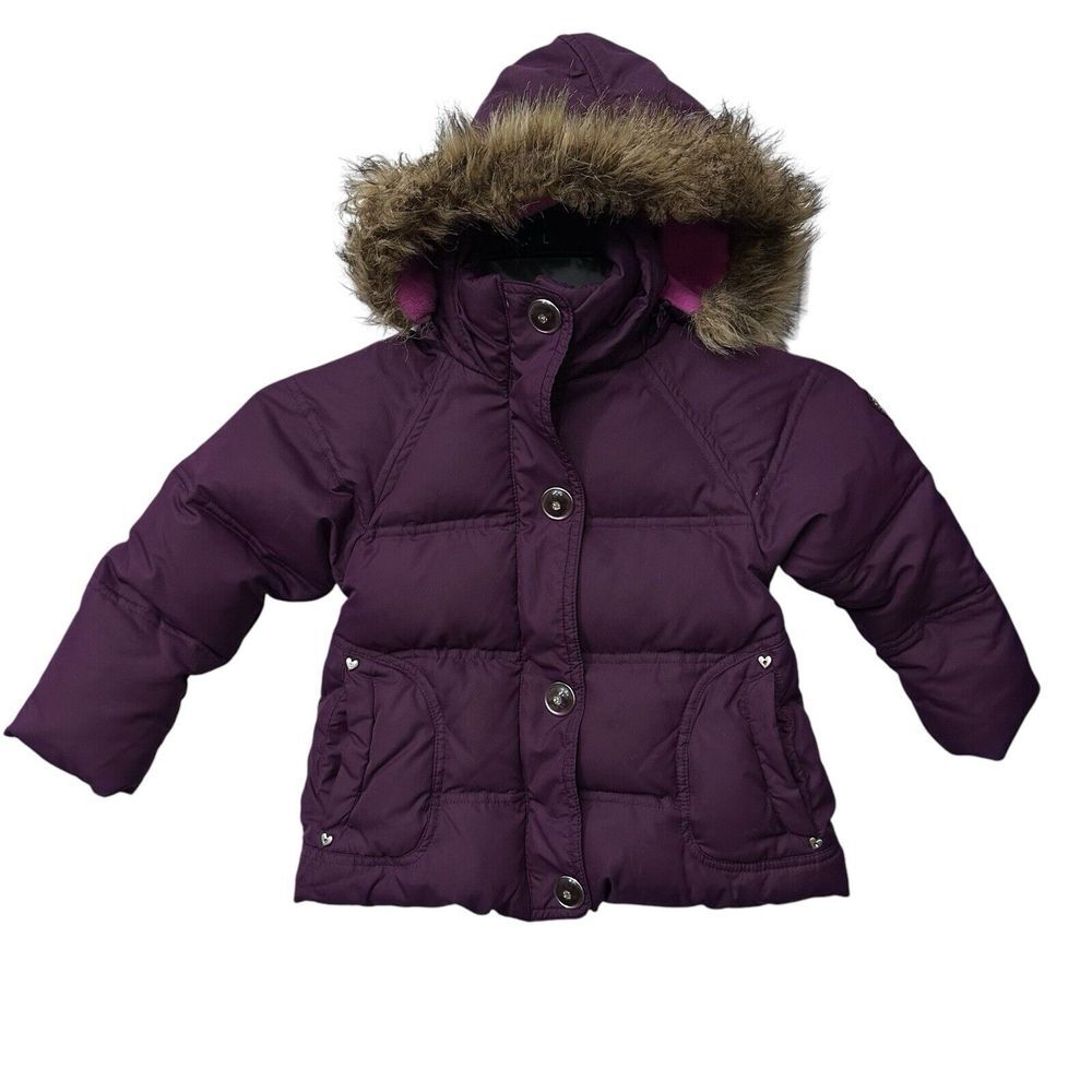 Hawke & Co Girls Winter Down Filled Puffer Jacket Size 2T Purple Hood & Pockets